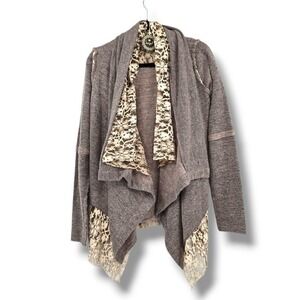 NEW Hazel Lace Back Cardigan Open Front Draped Knit Sweater Brown Small